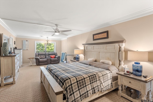 bedroom with ceiling fan, crown molding, and light colored carpet