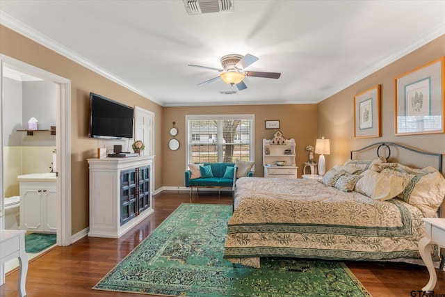 bedroom with connected bathroom, ceiling fan, crown molding, and dark hardwood / wood-style floors