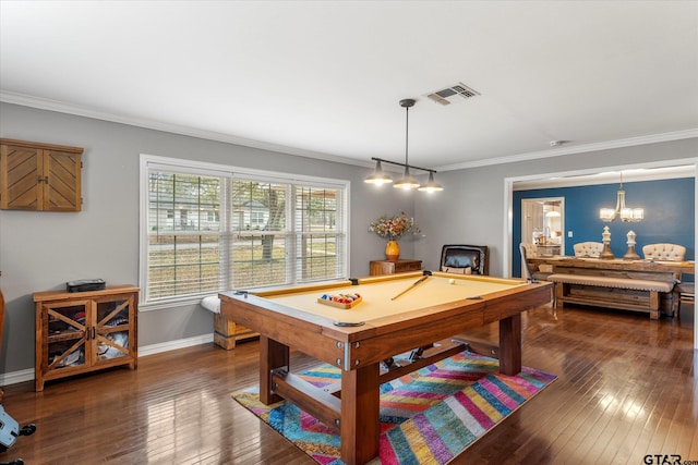 recreation room featuring dark hardwood / wood-style flooring, billiards, and crown molding