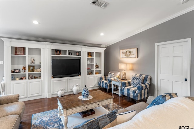 living room featuring dark hardwood / wood-style floors and ornamental molding