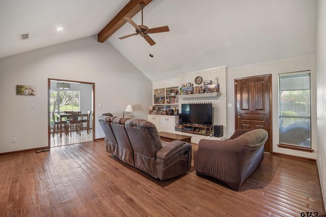 802 Carriage Dr, Tyler, TX 75703 - living room featuring ceiling fan, beam ceiling, wood finished floors, recessed lighting, and high vaulted ceiling