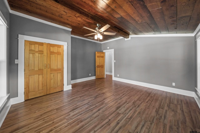 230 N Henderson St, Rusk, TX 75785 - interior space with wooden ceiling, ceiling fan, ornamental molding, and dark wood-style flooring
