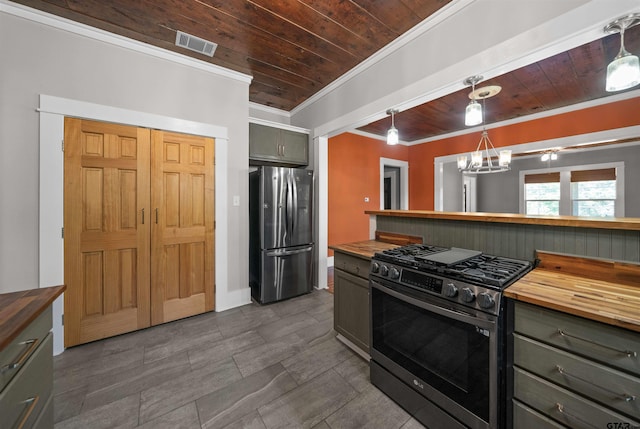 230 N Henderson St, Rusk, TX 75785 - kitchen featuring wood ceiling, wooden counters, stainless steel appliances, visible vents, and ornamental molding