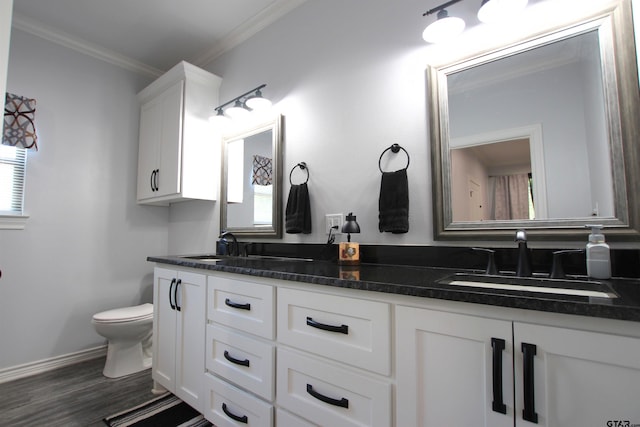 19379 Cedarpark Pl, Lindale, TX 75771 - full bathroom with double vanity, ornamental molding, and wood finished floors