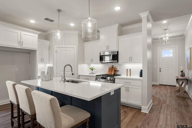 kitchen featuring white cabinetry, sink, a center island with sink, and stainless steel appliances