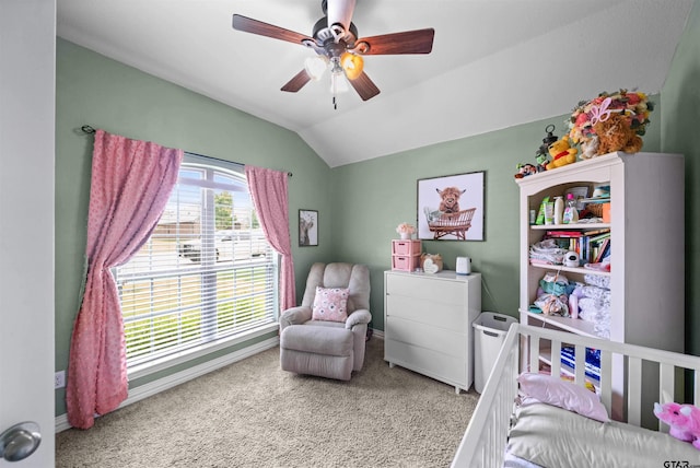 2531 Guinn Farms Rd, Tyler, TX 75707 - carpeted bedroom featuring vaulted ceiling, baseboards, and ceiling fan