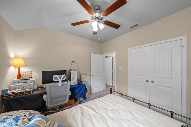 2531 Guinn Farms Rd, Tyler, TX 75707 - bedroom with a closet, an office area, ceiling fan, vaulted ceiling, and carpet floors
