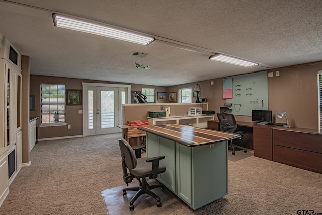 200 County Road 1520, Mount Pleasant, TX 75455 - home office with a textured ceiling, baseboards, visible vents, and light colored carpet