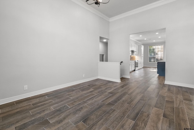3827 Scenic Dr, Tyler, TX 75709 - living room featuring dark wood-style flooring, ornamental molding, baseboards, recessed lighting, and a chandelier