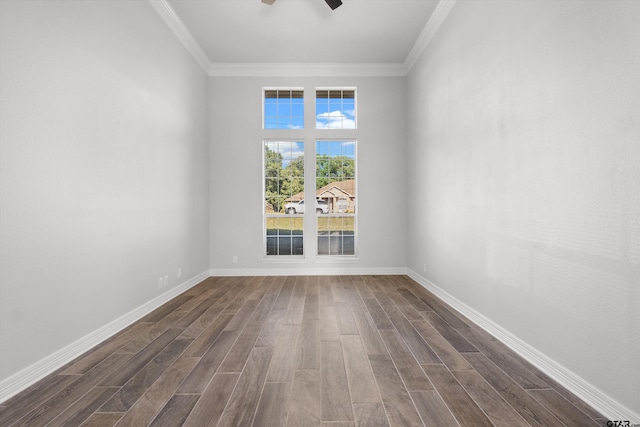 3827 Scenic Dr, Tyler, TX 75709 - unfurnished room featuring ornamental molding, dark wood finished floors, ceiling fan, and baseboards