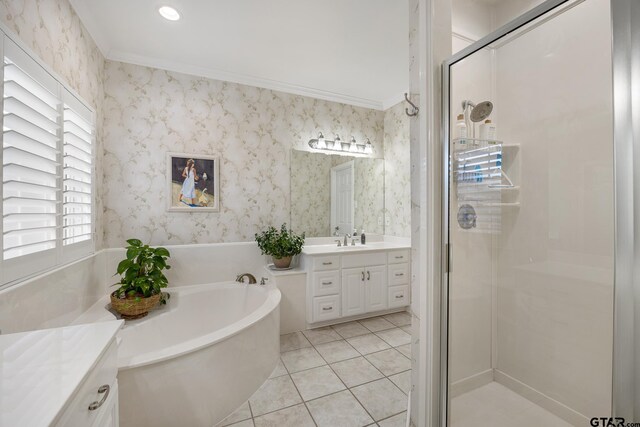 110 Carmel, Bullard, TX 75757 - full bathroom with vanity, a garden tub, a shower stall, tile patterned floors, and wallpapered walls