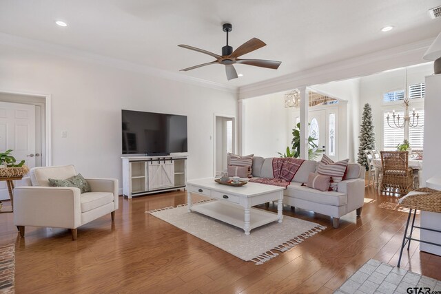 110 Carmel, Bullard, TX 75757 - living area with a chandelier, ornamental molding, wood-type flooring, ceiling fan, and recessed lighting