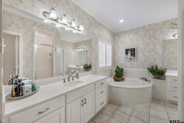 110 Carmel, Bullard, TX 75757 - full bath with vanity, a garden tub, ornamental molding, tile patterned floors, and a shower stall