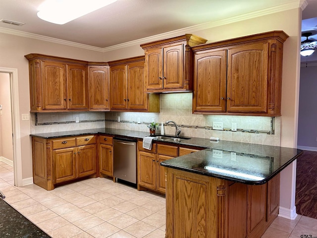 kitchen featuring brown cabinets, crown molding, visible vents, a sink, and dishwasher