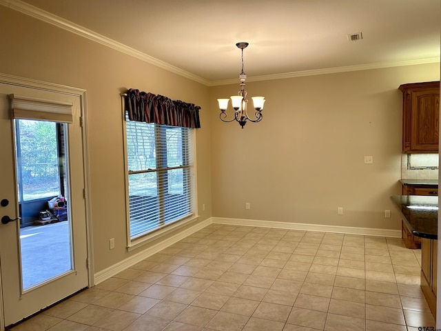 unfurnished dining area with a healthy amount of sunlight, light tile patterned floors, visible vents, and a chandelier