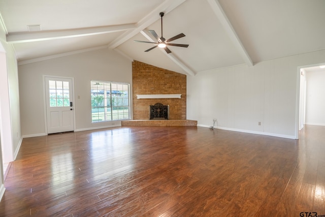 902 Joel Dr, Tyler, TX 75703 - unfurnished living room featuring a ceiling fan, a fireplace, dark wood-style flooring, and baseboards