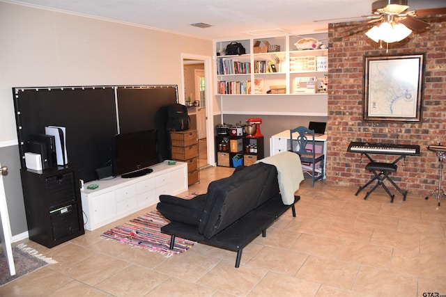 607 Brookhollow Dr, Palestine, TX 75801 - living room with a ceiling fan, crown molding, and light tile patterned floors