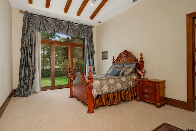 carpeted bedroom featuring access to outside, ceiling fan, and vaulted ceiling