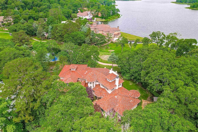 bird's eye view with a water view