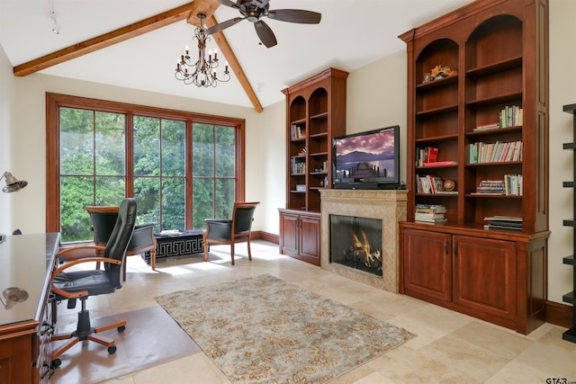 office featuring a wealth of natural light, a high end fireplace, an inviting chandelier, and vaulted ceiling with beams