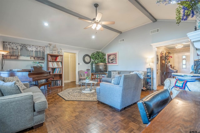 living room with ornamental molding, lofted ceiling with beams, and dark parquet floors