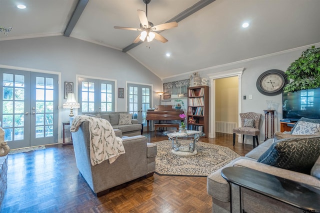 living room featuring crown molding, french doors, dark parquet flooring, ceiling fan, and lofted ceiling with beams