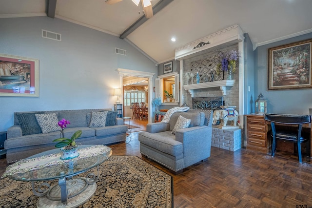 living room with ceiling fan, crown molding, lofted ceiling with beams, and dark parquet floors