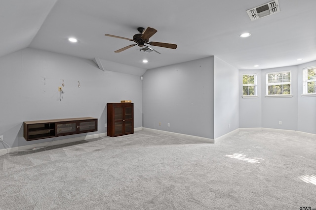 5201 Whitaker Cir, Longview, TX 75605 - unfurnished living room featuring recessed lighting, carpet floors, a ceiling fan, and lofted ceiling