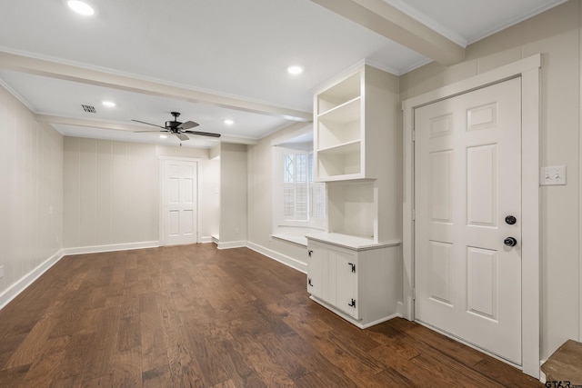 mudroom featuring a ceiling fan, visible vents, baseboards, dark wood finished floors, and beamed ceiling