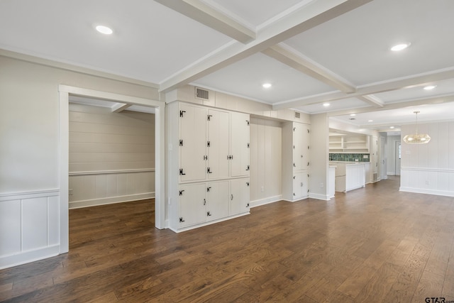 unfurnished living room with recessed lighting, beamed ceiling, visible vents, and dark wood finished floors