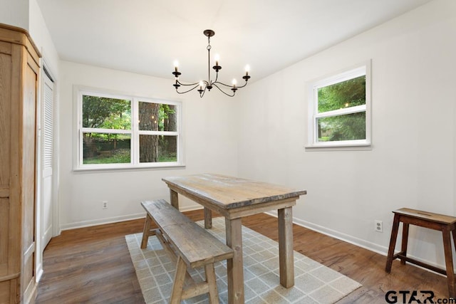 dining room with a chandelier, plenty of natural light, and dark hardwood / wood-style flooring