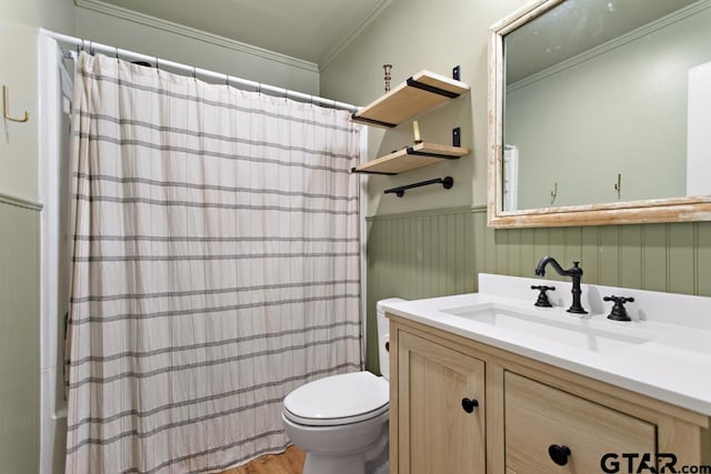 full bathroom featuring vanity, toilet, shower / bath combination with curtain, and ornamental molding