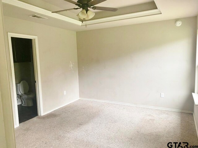 spare room with light carpet, a raised ceiling, and ceiling fan