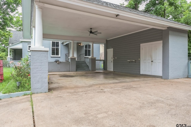 293 S Barron, Rusk, TX 75785 - view of patio / terrace featuring a ceiling fan, a carport, and concrete driveway