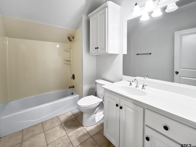 full bathroom featuring shower / bathtub combination, lofted ceiling, vanity, toilet, and tile patterned floors