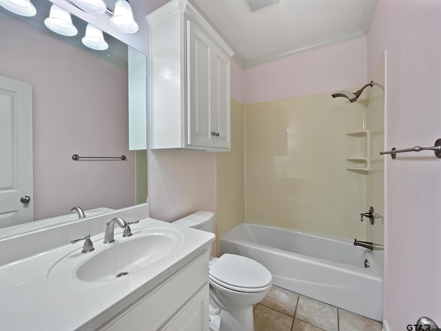 full bathroom featuring toilet, crown molding, tub / shower combination, vanity, and tile patterned flooring