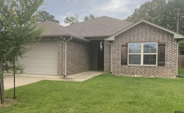 5848 Grace Ave, Tyler, TX 75707 - ranch-style home featuring brick siding, a front lawn, a garage, and roof with shingles
