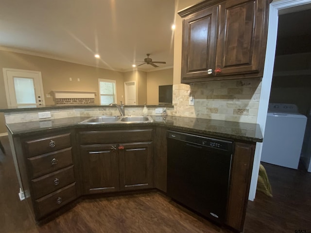 5848 Grace Ave, Tyler, TX 75707 - kitchen with dishwasher, washer / dryer, a sink, a ceiling fan, and dark wood-type flooring
