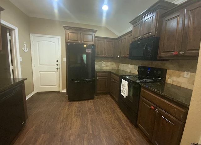 5848 Grace Ave, Tyler, TX 75707 - kitchen featuring black appliances, decorative backsplash, dark wood-style floors, vaulted ceiling, and dark stone countertops