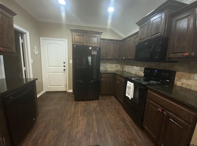5848 Grace Ave, Tyler, TX 75707 - kitchen with black appliances, backsplash, dark wood-type flooring, dark stone counters, and dark brown cabinets