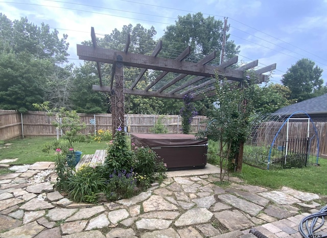 5848 Grace Ave, Tyler, TX 75707 - view of patio / terrace featuring a hot tub, a fenced backyard, and a pergola