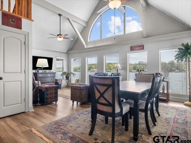 dining space with wood finished floors, high vaulted ceiling, and ceiling fan