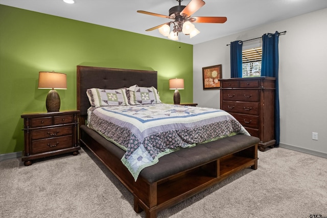 carpeted bedroom with baseboards, a ceiling fan, and recessed lighting