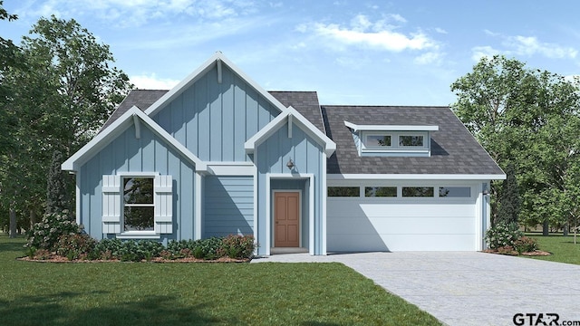490 Burnett Trl, Canton, TX 75103 - modern farmhouse featuring a garage, board and batten siding, driveway, roof with shingles, and a front lawn