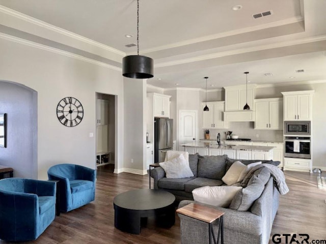 living room with dark hardwood / wood-style flooring, ornamental molding, a raised ceiling, and sink