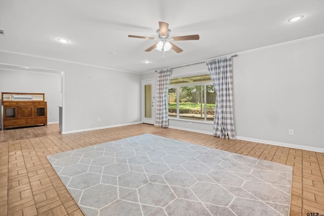 3316 S Cameron Ave, Tyler, TX 75701 - empty room with ceiling fan, recessed lighting, crown molding, and brick patterned flooring