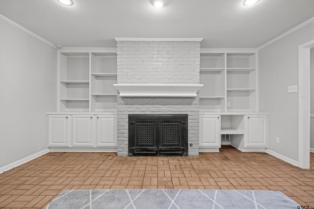 3316 S Cameron Ave, Tyler, TX 75701 - unfurnished living room with brick patterned flooring, a fireplace, ornamental molding, and built in features