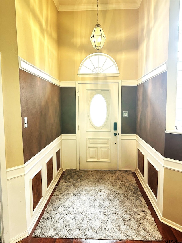 entryway featuring ornamental molding, a towering ceiling, plenty of natural light, and dark wood-type flooring