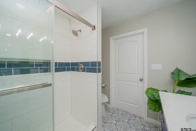 1021 N Montgomery St, Gilmer, TX 75644 - bathroom featuring a shower stall, vanity, and tile patterned flooring