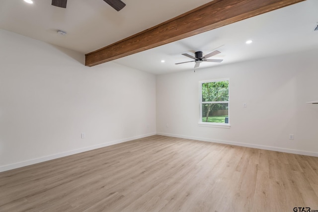 304 Hanks St, Whitehouse, TX 75791 - empty room with a ceiling fan, light wood-style flooring, recessed lighting, and beamed ceiling